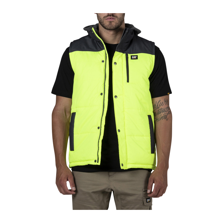 Caterpillar Hi Vis Hooded Work - Mens Vests - Yellow/Black - NZ (795OGNYRV)